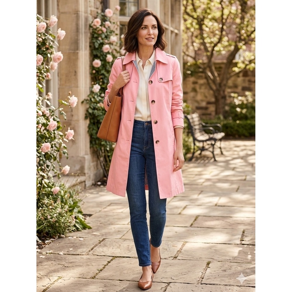 Talbots Pink Trench Coat Striped Lining Single Breasted Jacket Womens L